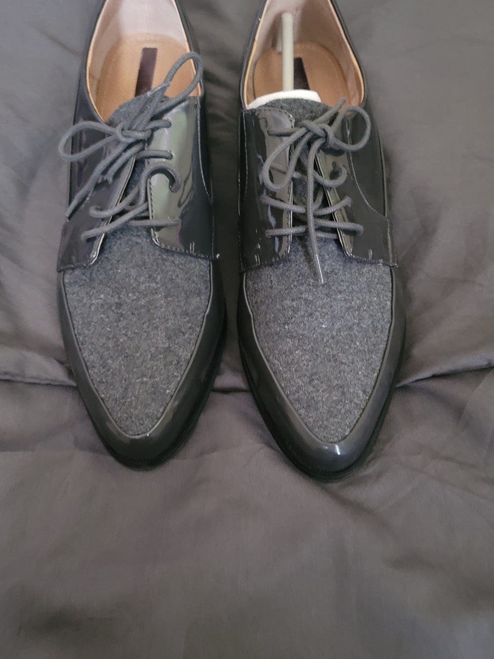 Tahari Black Patent and Gray Textile Lace-Up Loafers
